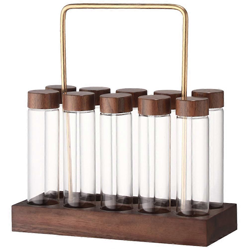 Glass Coffee Bean Storage Tubes with Wood and Brass Stand for Daily Use Dark .5 Inches Tall