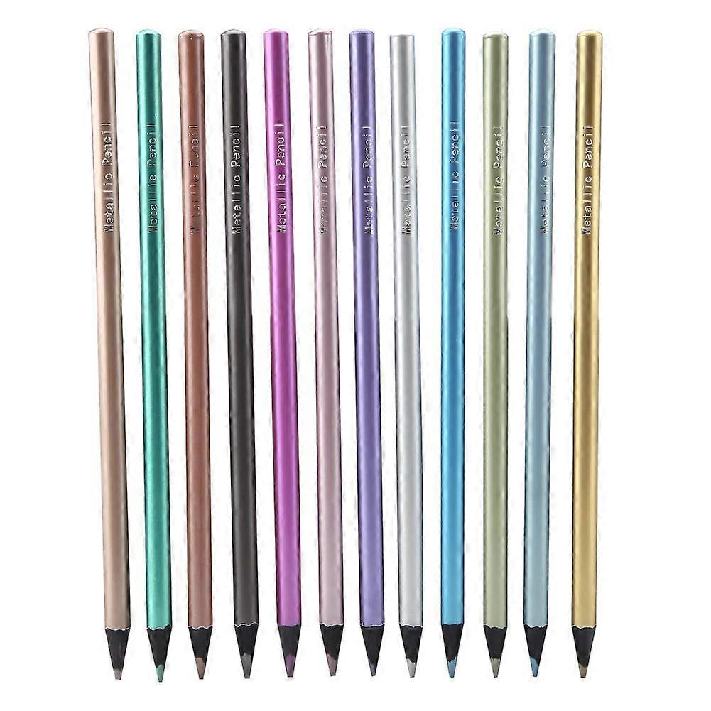 12 Colors Metallic Colouring Pencils Set, Wooden Crayons for Sketching, Shading, Drawing and Mixing Techniques