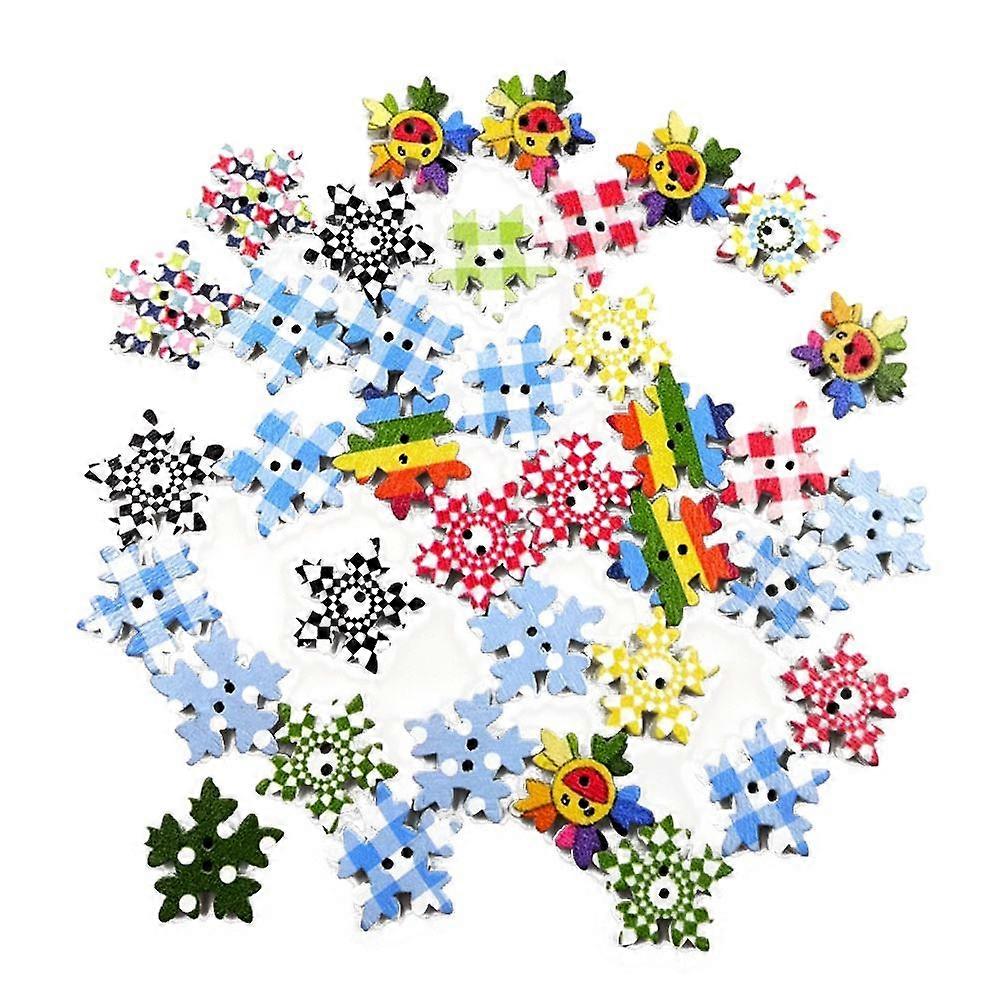 Round Shaped Sewing Button Mixed Color Wood Buttons Creative Snowflake Design For Crafts 100Pcs