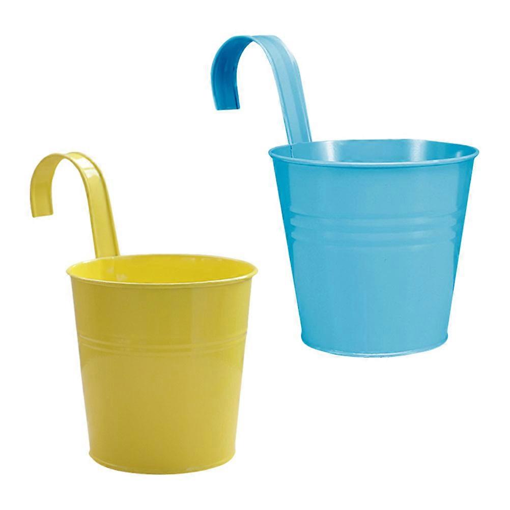 Flower Bucket Set 2Pcs Iron Decorative Hanging Container For Decor 15.5x8CM Blue Rustic Style