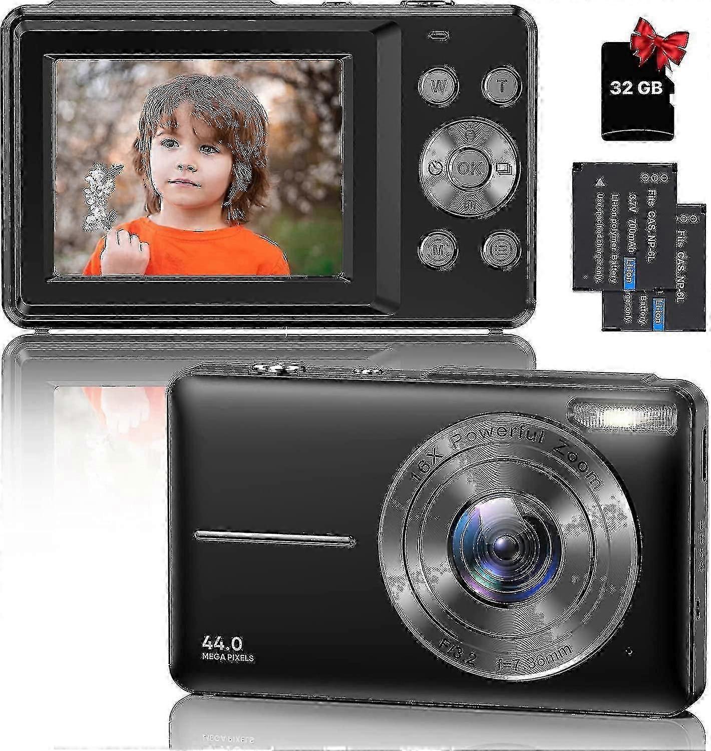 Digital Camera With 32gb Card, 44mp 1080p Hd Camera 2.4 Inch Lcd 16x Digital Zoom Rechargeable
