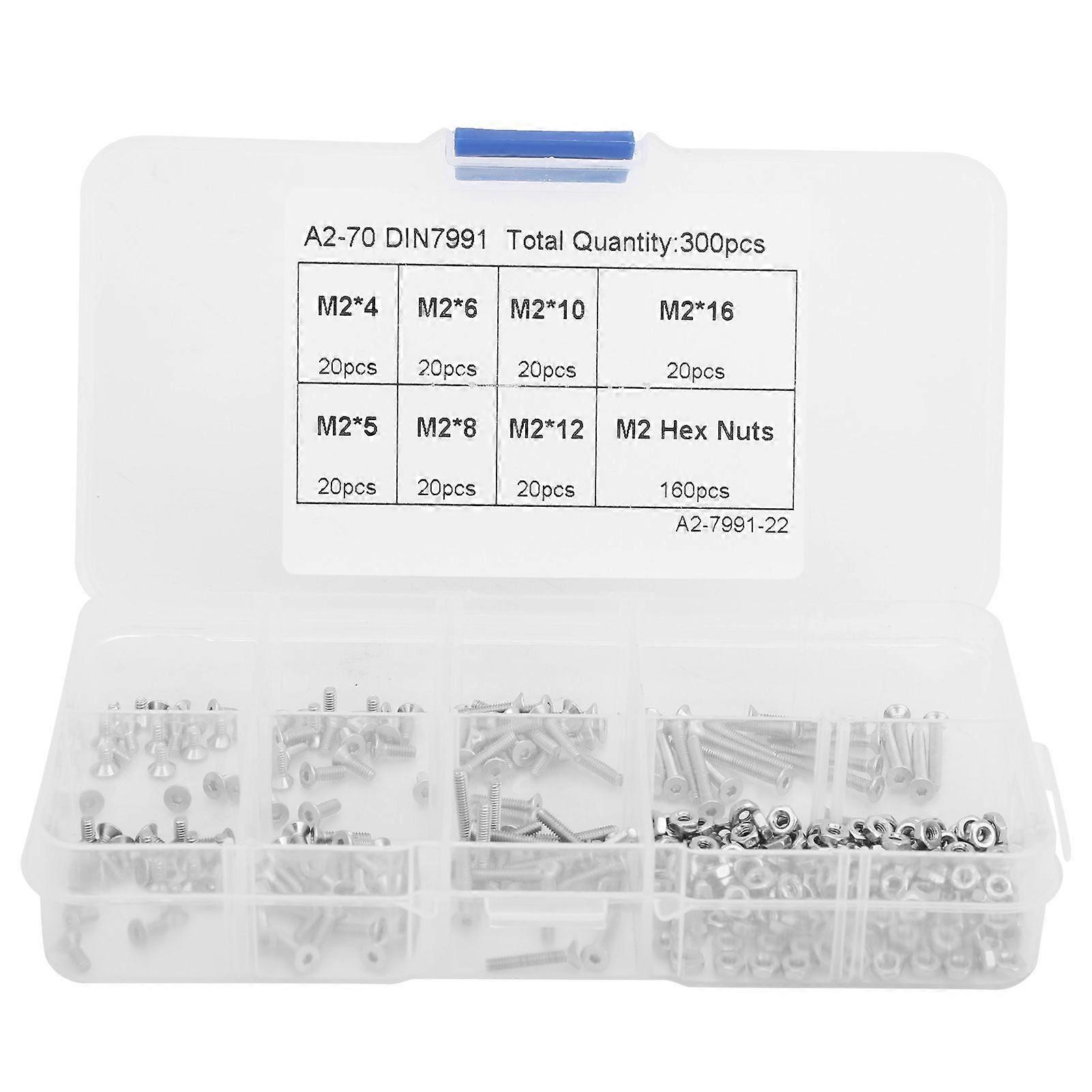 300pcs M2 Hex Screw and Nut Set Countersunk Head Socket Stainless Steel Assortment Kit