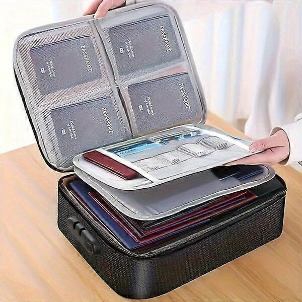 Three-layer file storage bag with lock design, suitable for home and travel