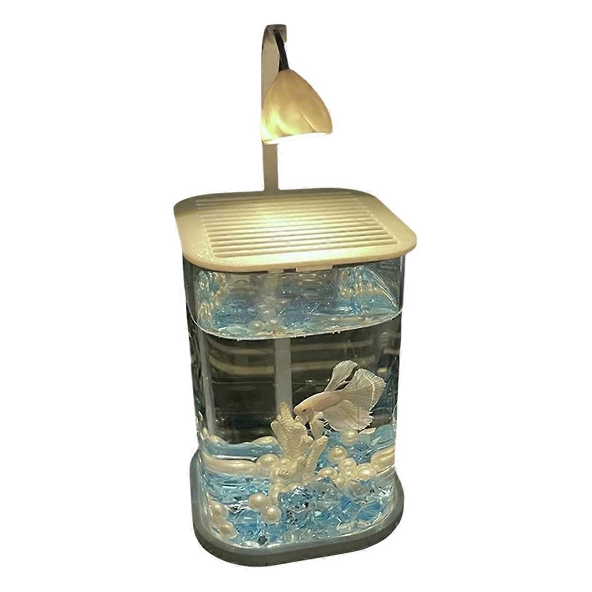 Mini Desktop Glass Aquarium Fish Tank with LED Light Desktop Ornaments High-End Ornamental Lamp for Fish Culture A