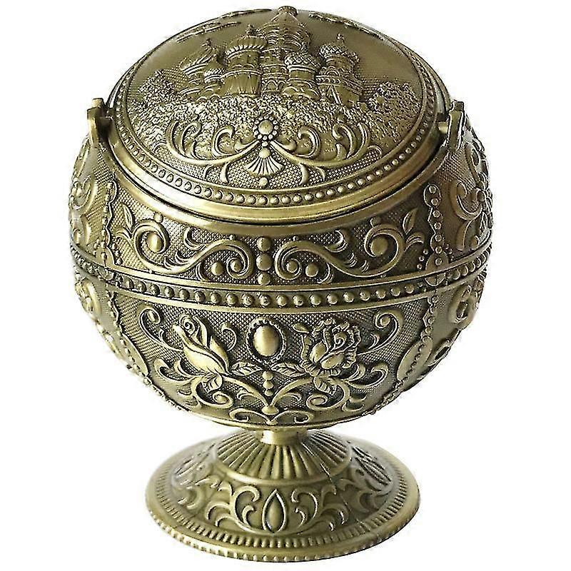 Windproof Ashtray, Vintage Art Craft Ashtray Metal Round Ball Stamped Pattern Gift Decoration