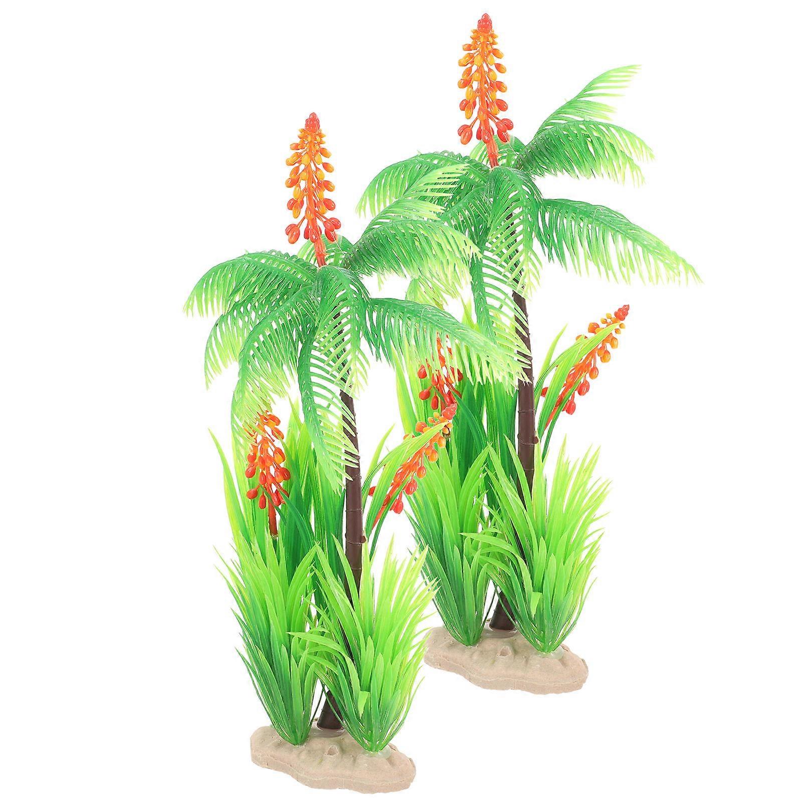 Aquarium Simulation Palm Tree Fish Tank Decor with 2Pcs Plastic Plants