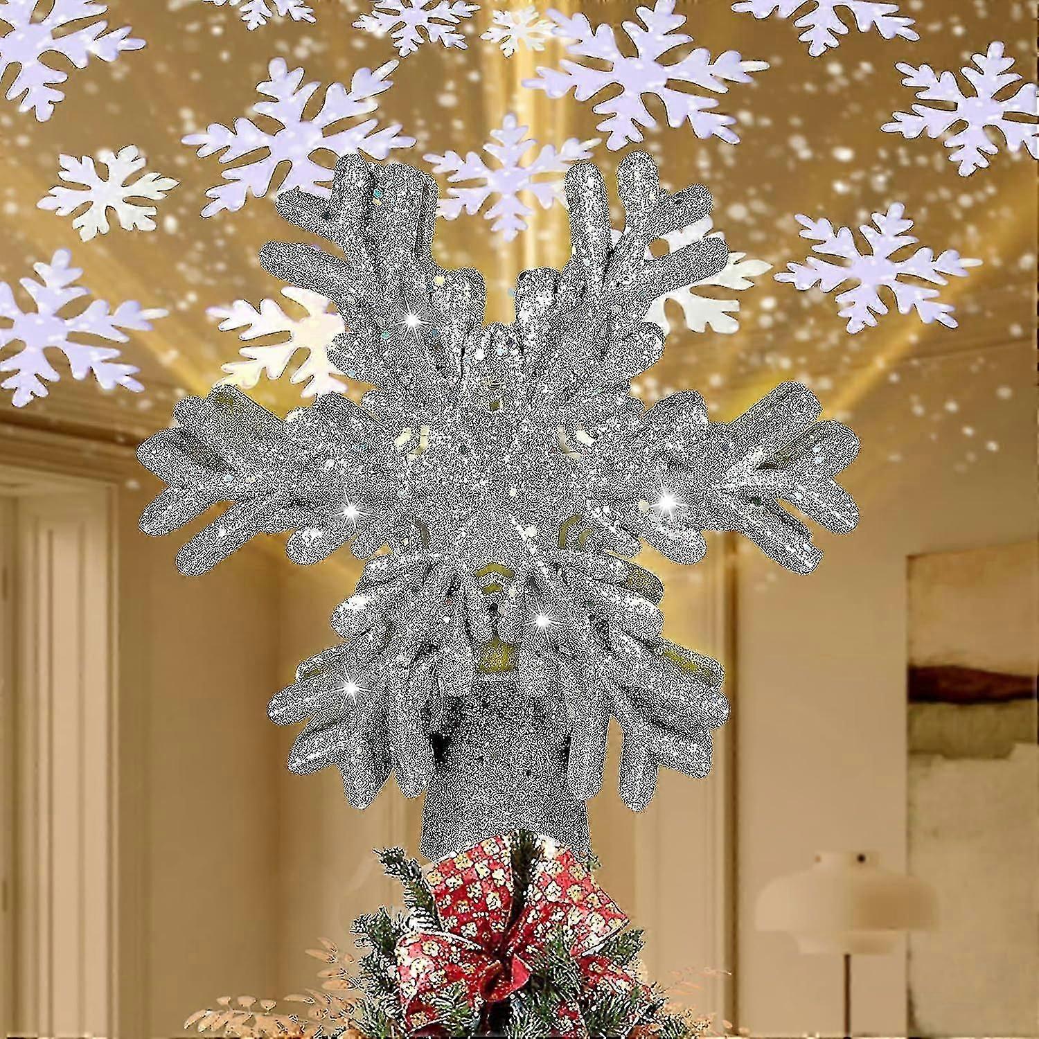 Snowflake Christmas Tree Topper Decorations, 3d Silver Glittered With Led Rotating Snowflake Projector For Holiday Tree Decoration