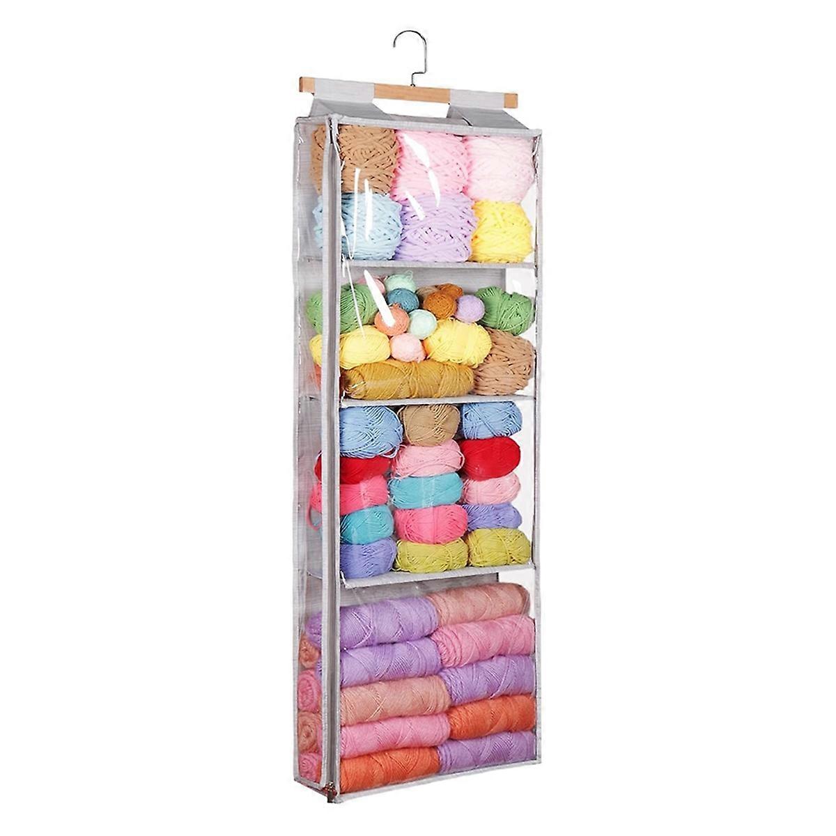 Hanging Yarn Storage with 4 Large Pockets, Clear Knitting Organizer Storage with Zippers for Crochet