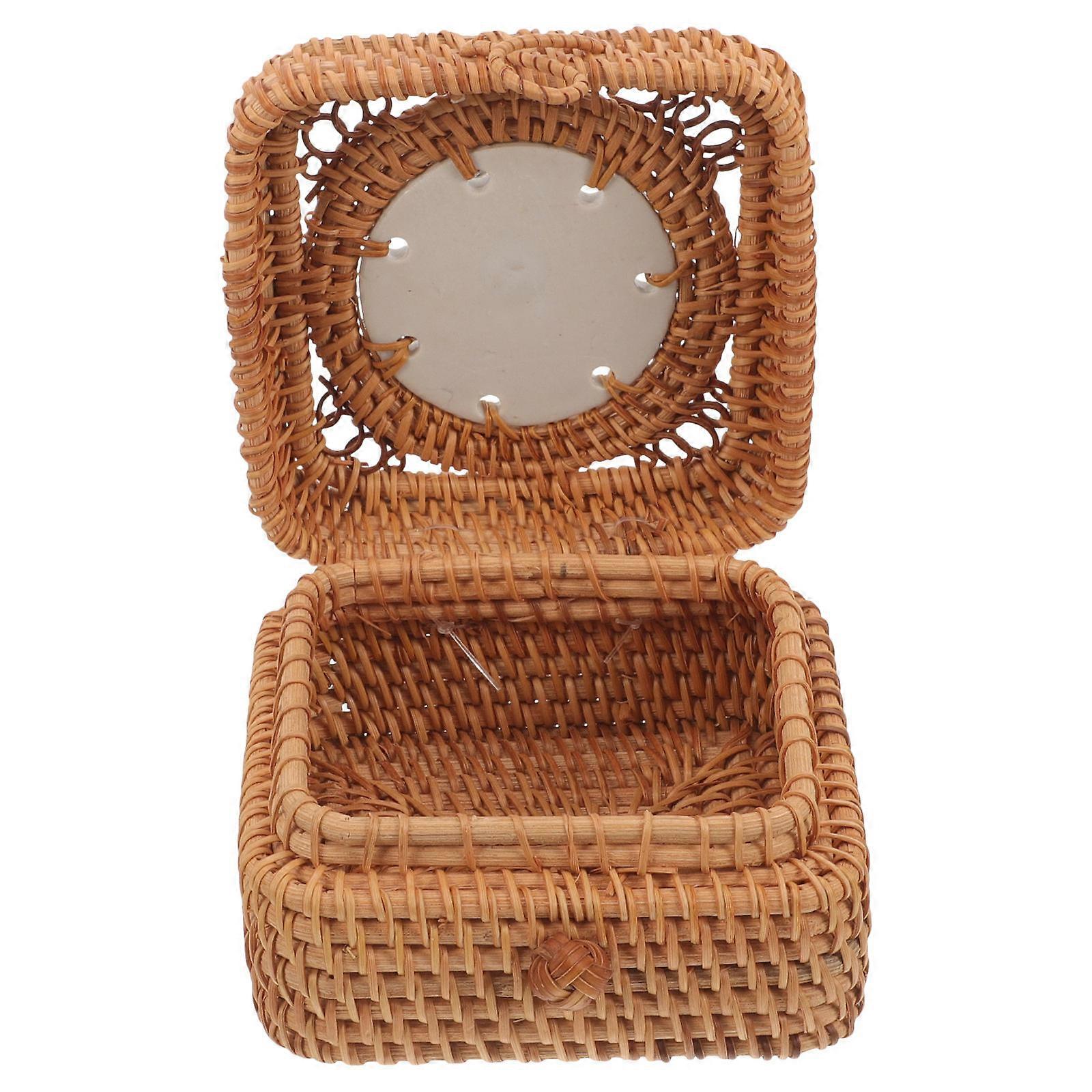 Light Brown Woven Storage Basket for Desktop 3Pcs with Lid Candy Box