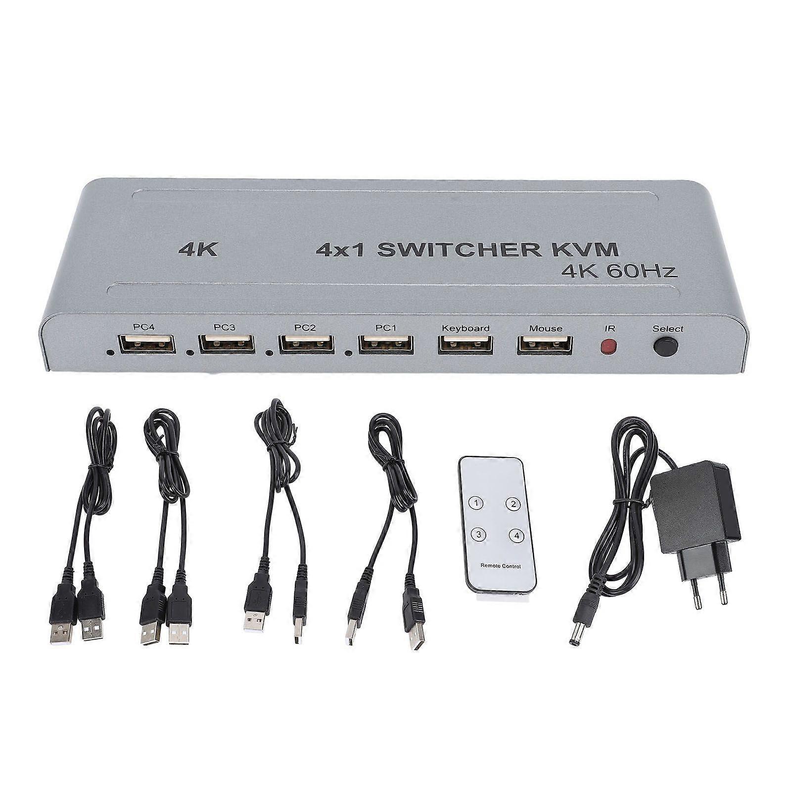 HD Multimedia KVM Switch 4K 60Hz 4 in 1 Out Multi Viewer Seamless Switcher with Infrared Remote Controller EU Plug