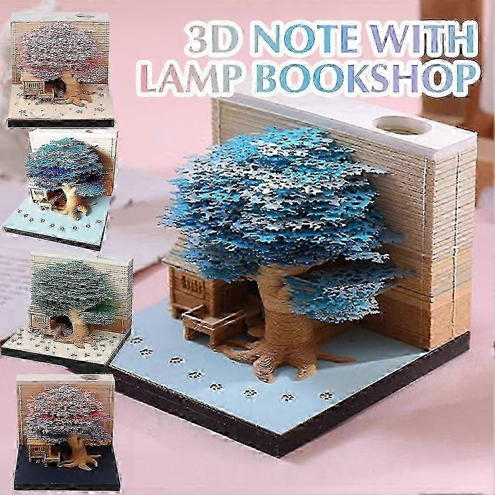 3D Memo Pad with Lamp Bookshop, Paper Carving Art Note Pad Paper Card Craft