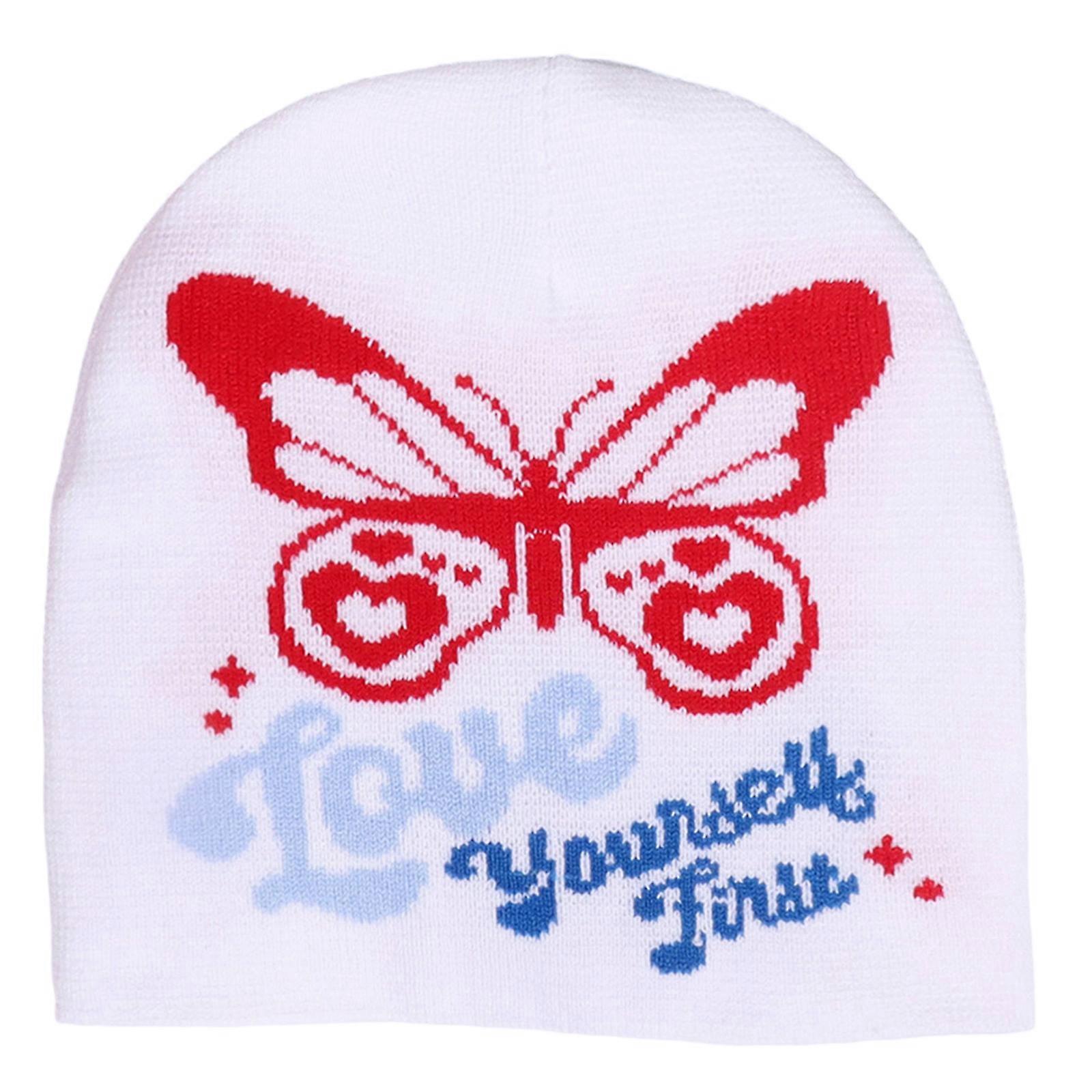 Butterfly Knitted Cap 2000s Nostalgia Design Soft Breathable Comfortable Headwear For Student And Hiphop Dance Event  White and red