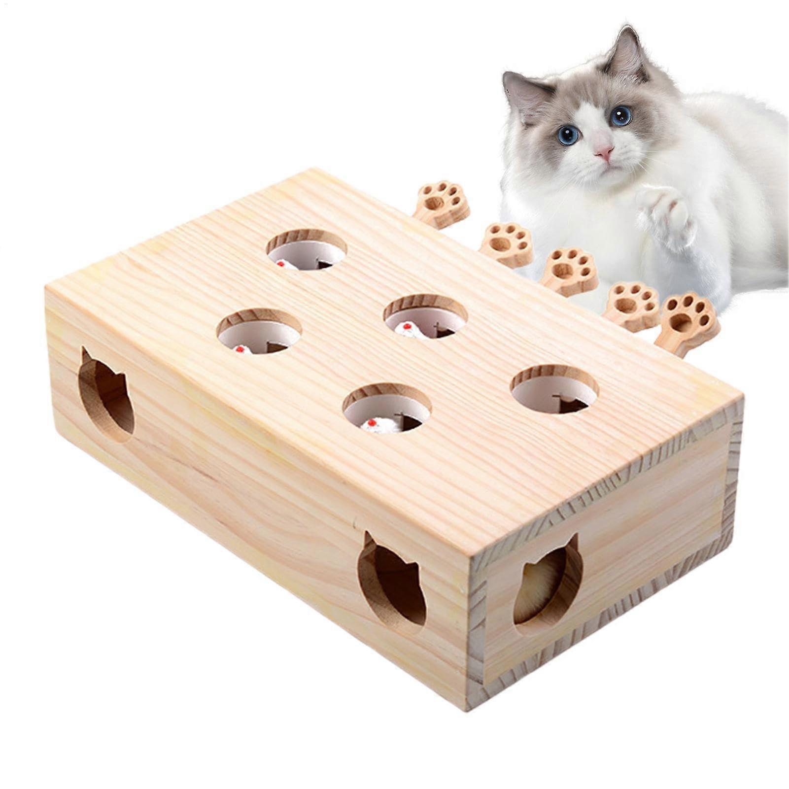 Cat Interactive Whack a Mole Toy with Scratcher, Solid Wood Teaser Game for Indoor Kittens