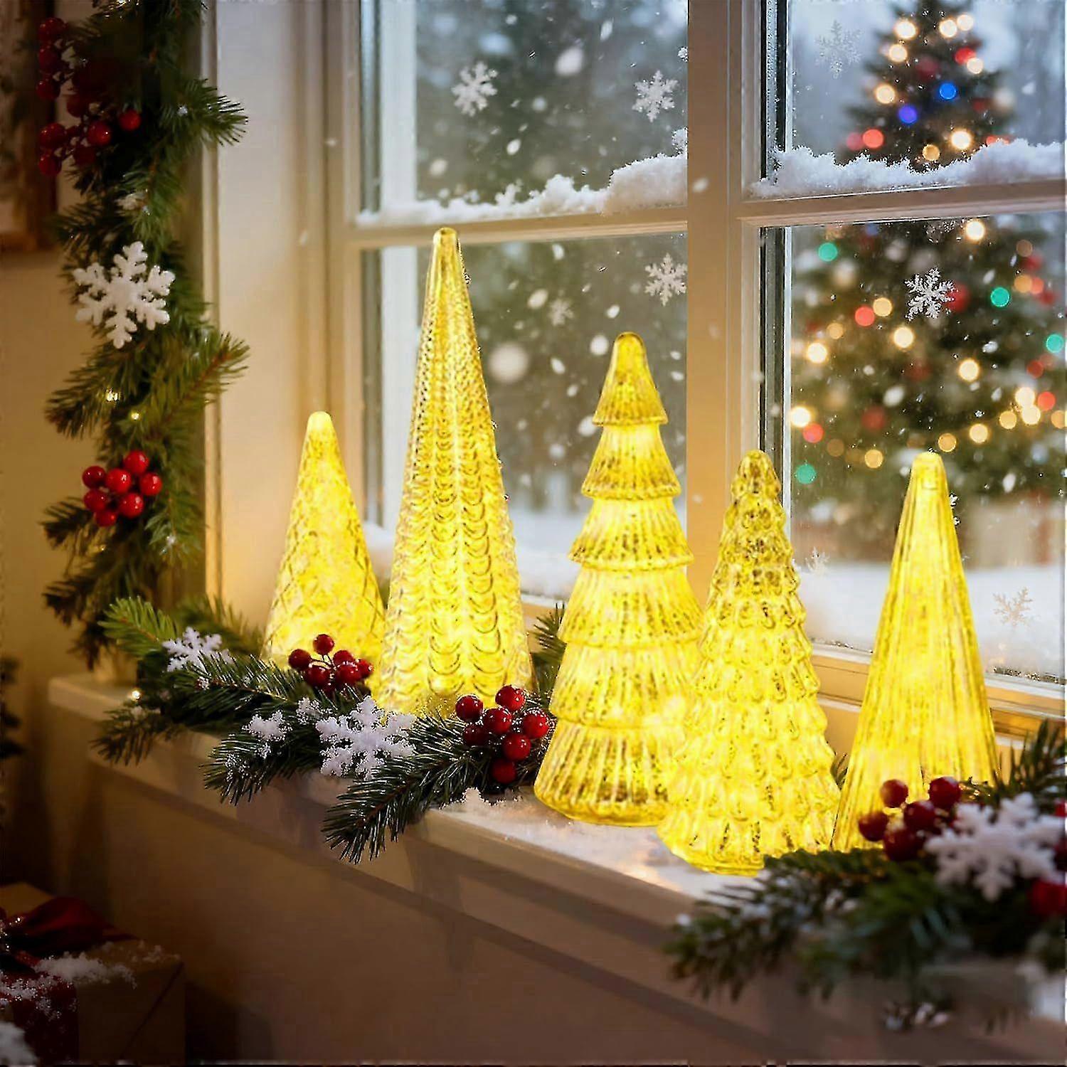 Set of 5 Illuminated Mercury Glass Christmas Trees with LED Lights - 2026 New Upgrade Mercury Christmas Tree Decorations for Tabletop, Mantel, Centerp
