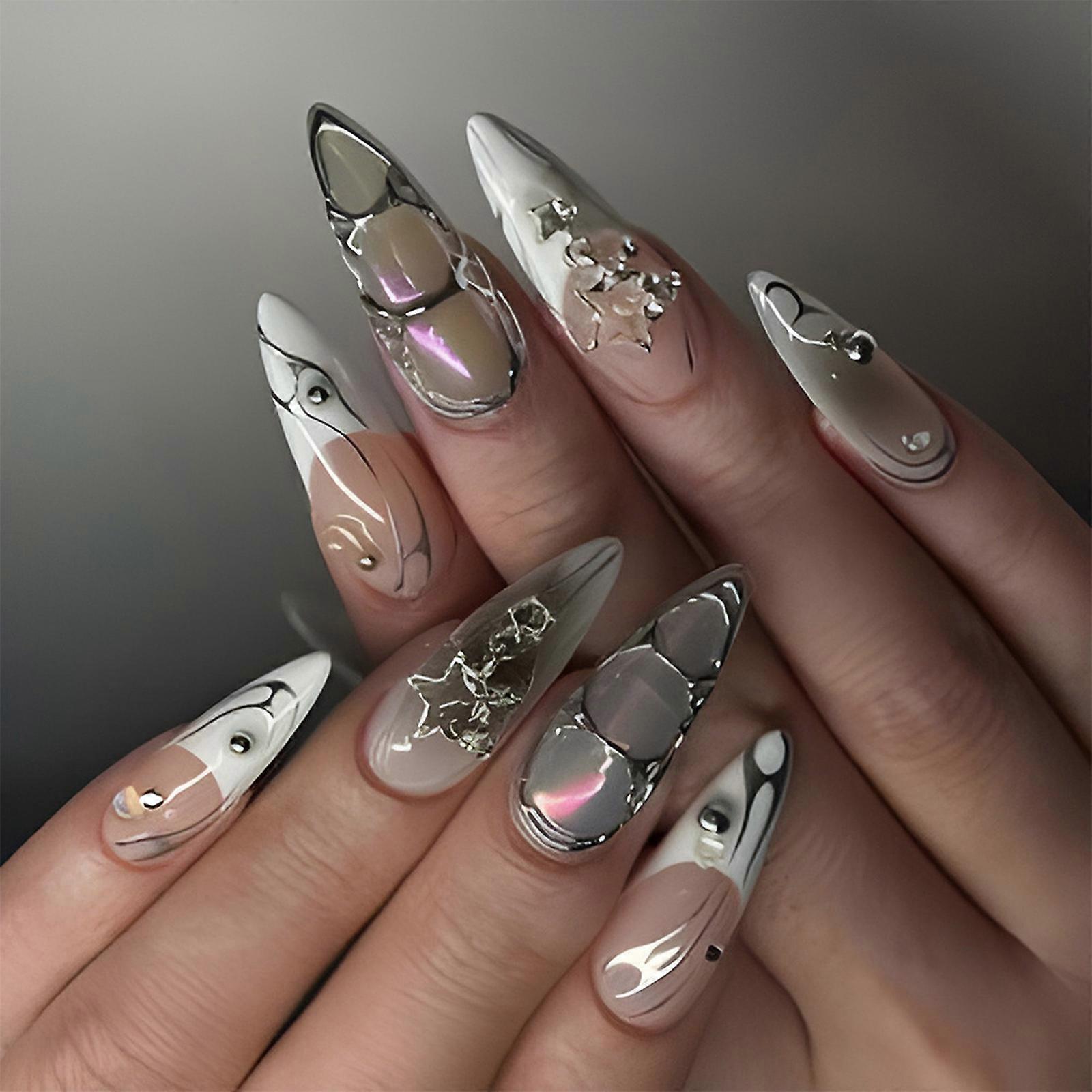 Glossys Rhinestones Accented Almond False Nail Reusable Press On Nail Multipacks For Various Occasions Multicolor