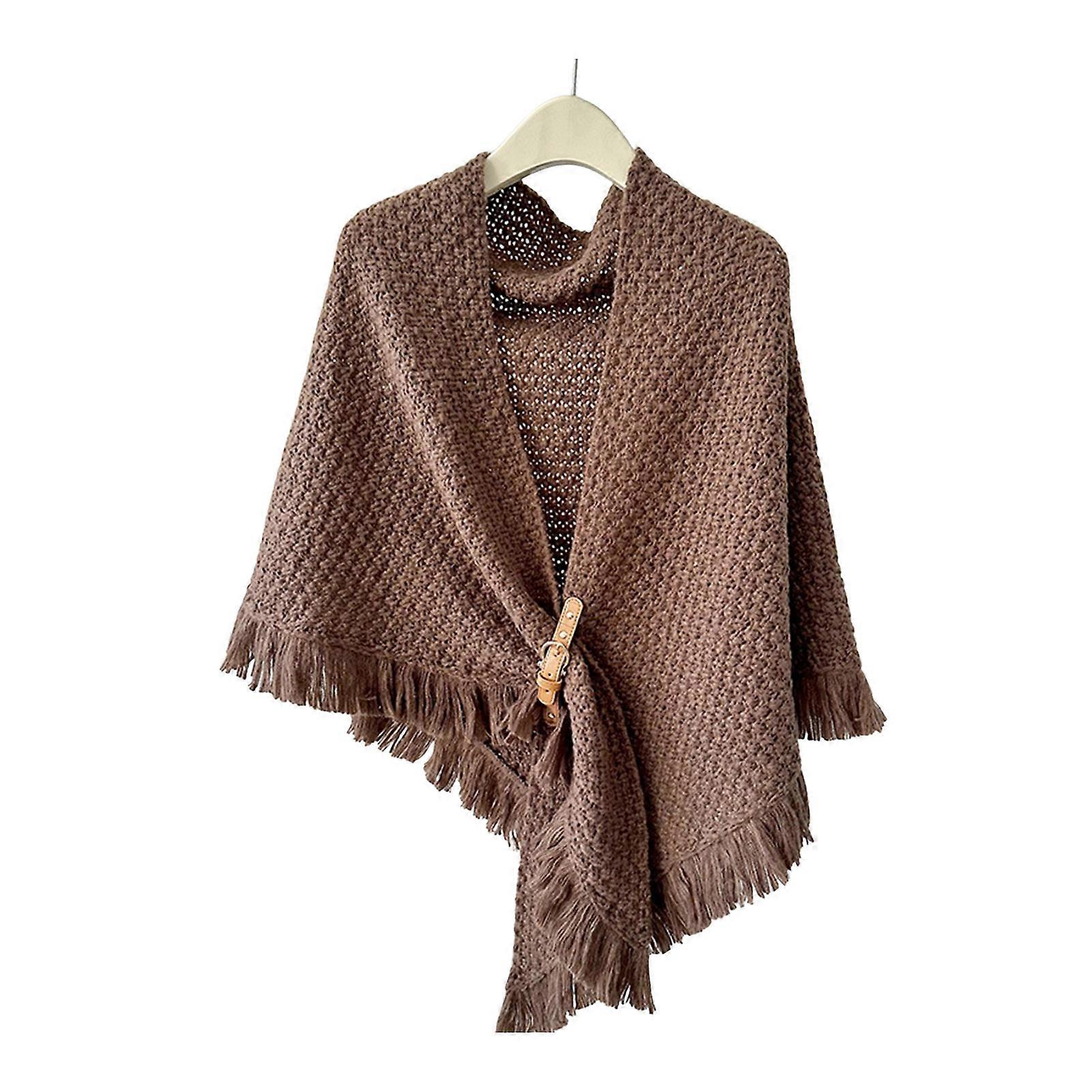 Autumn Winter Knitting Shawl with Tassel Decoration Solid Color Triangle Scarf with Buttons Thickened Warm Knit Wrap