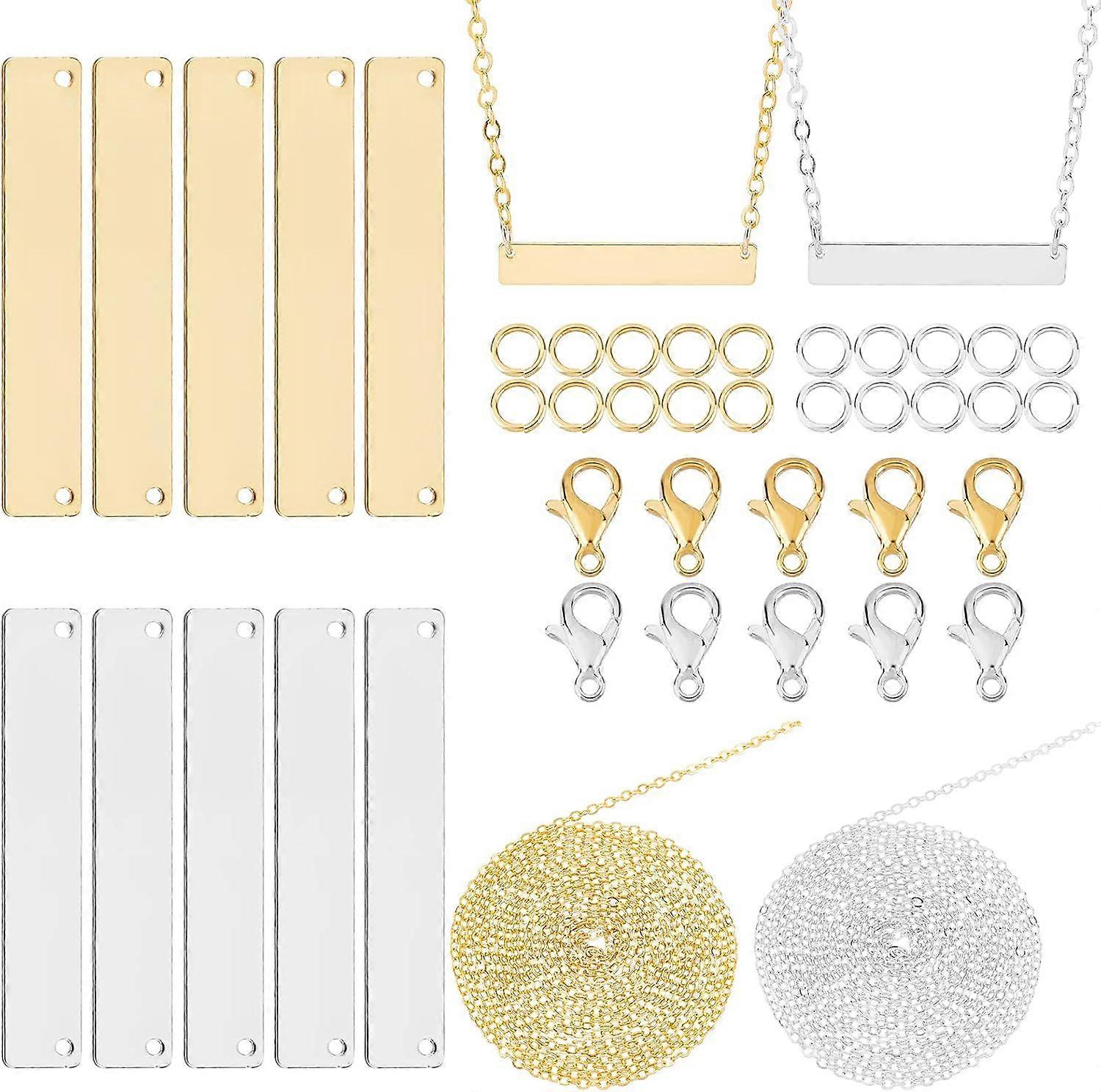 1 Box 40Pcs Stamping Tag Pendants 0.2x1.4in Small Bar Charms Rectangle Brass Blank Stamp Tagging Metal Name Plate Charm Set with Lobster Clasps Chains