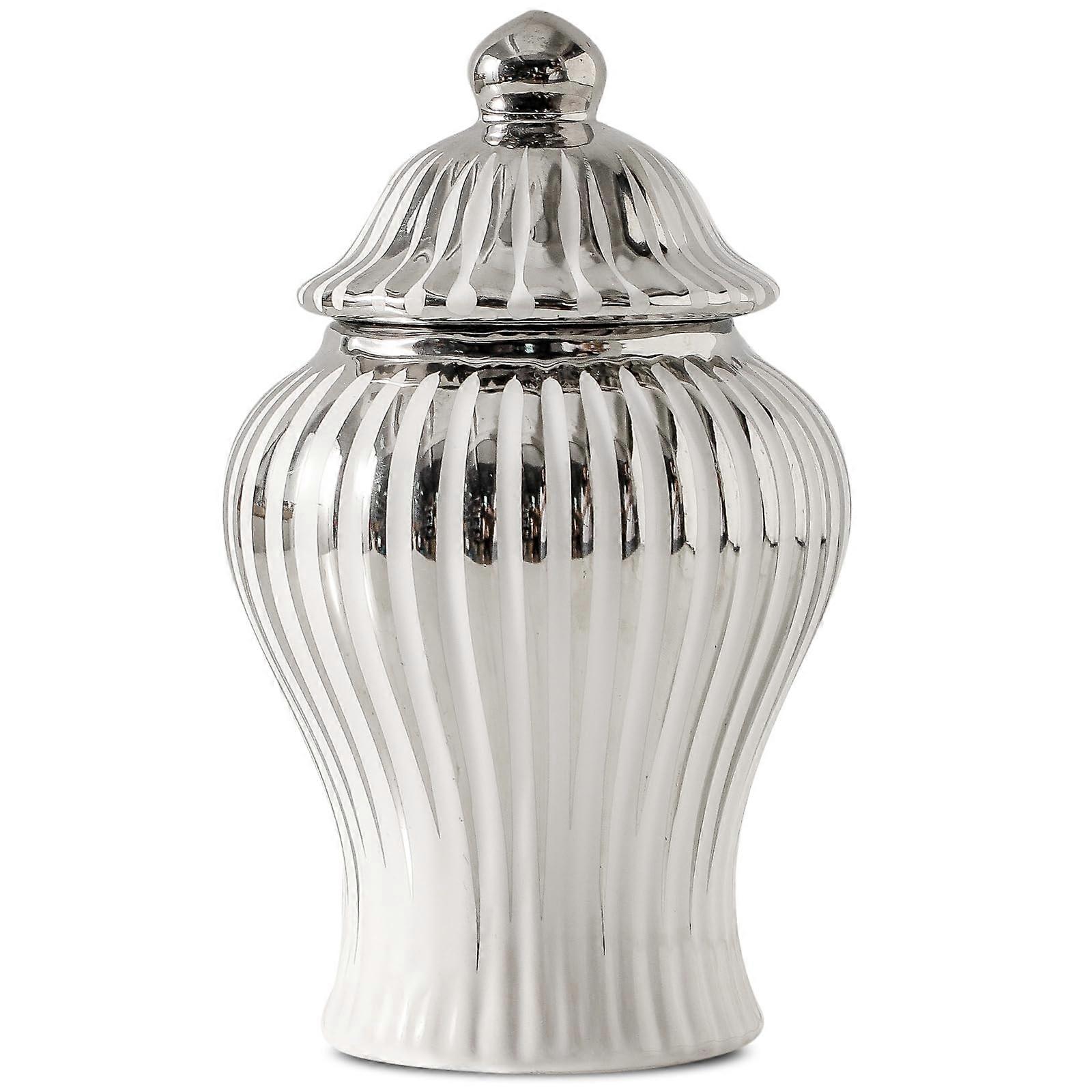 Ceramic Ginger Jar with Lid 6.8in White Silver Vase for Home Decor Kitchen Table Storage