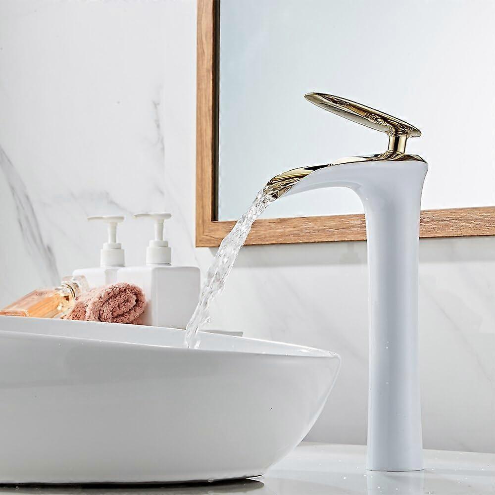 Modern Bathroom Basin Mixer Tap with Gold White Waterfall Spout, Tall Hot Cold Sink Faucet