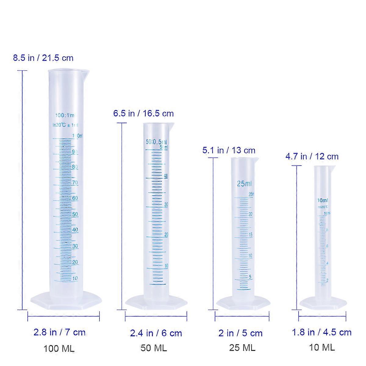 UEETEK 4pcs Transparent Measuring Plastic Graduated Cylinder 10ml / 25ml / 50ml / 100ml
