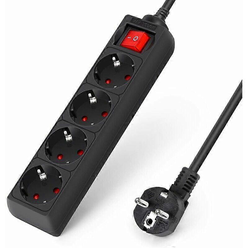 4 Outlet Power Strip with 2m Surge Protector Switch Cable - Black - Maximum Power 3680W