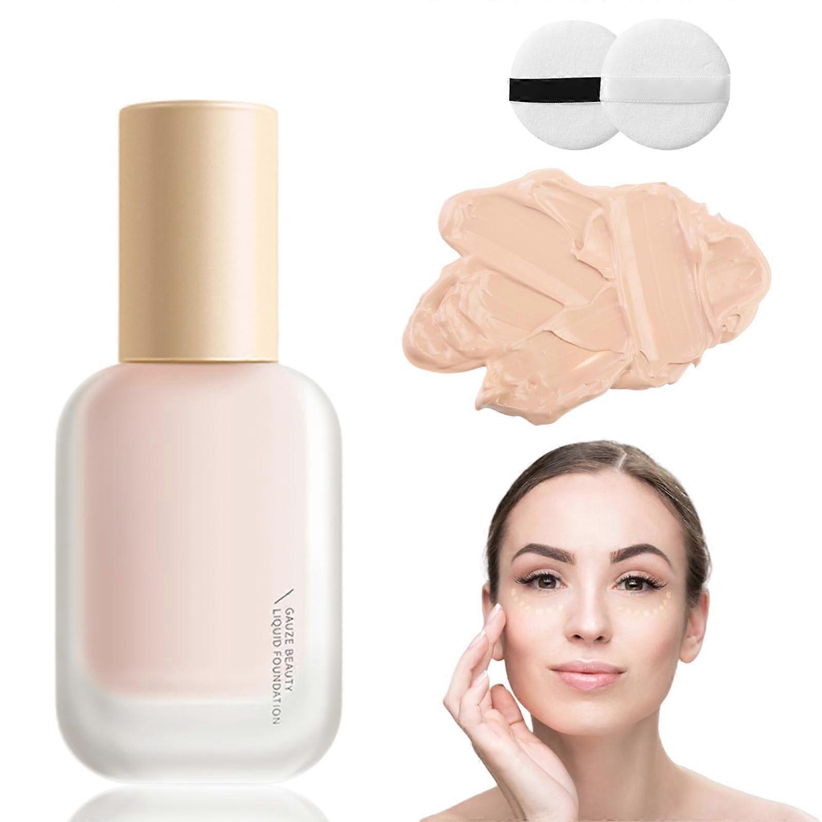 Long Lasting Matte Liquid Foundation with Powder Puff, Full Coverage Oil Control Hydrating Finish