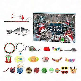 Adventskalender voor katten 2024 met 24 interactieve speeltjes: veren, belletjes, strikjes en meer.