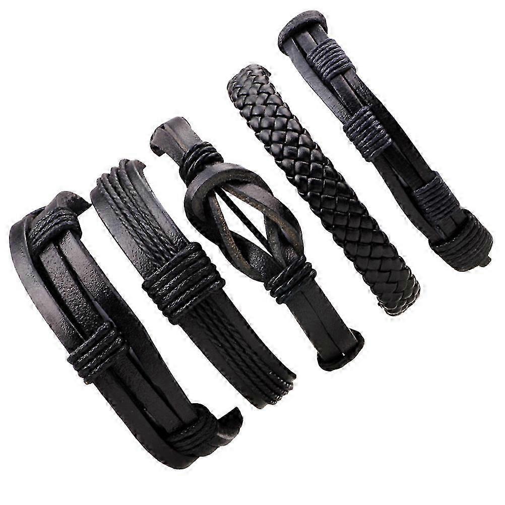 5 Pcs Sleek Black Leather Braided Bracelets for Men