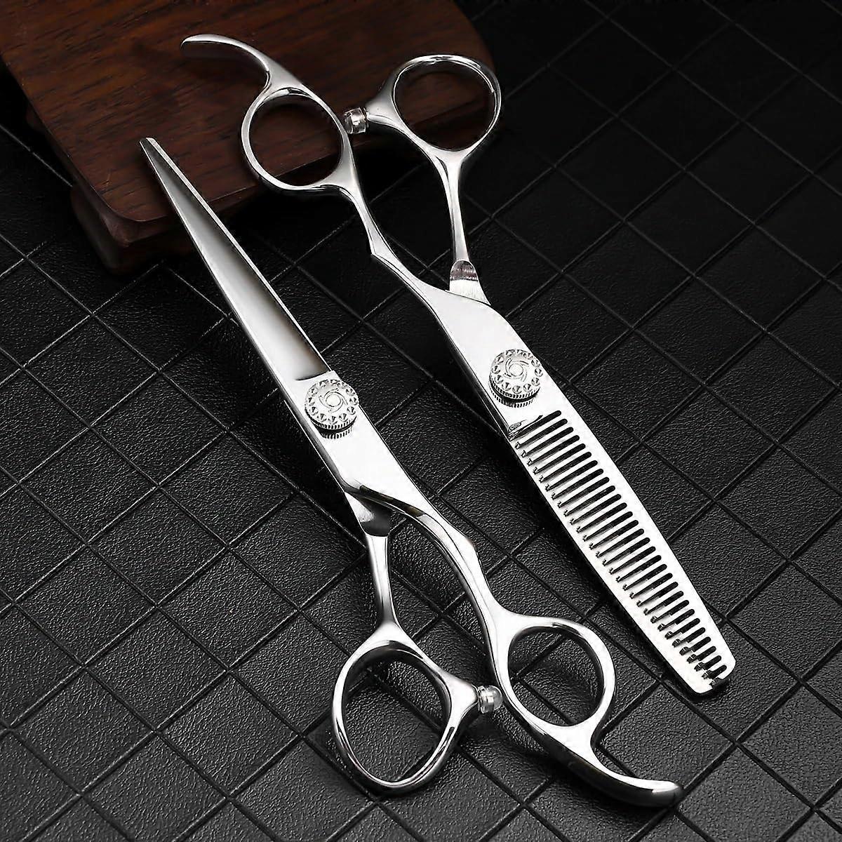Tesoura de desbaste profissional de 6 polegadas em aço inoxidável VG10 com cabo ergonômico.