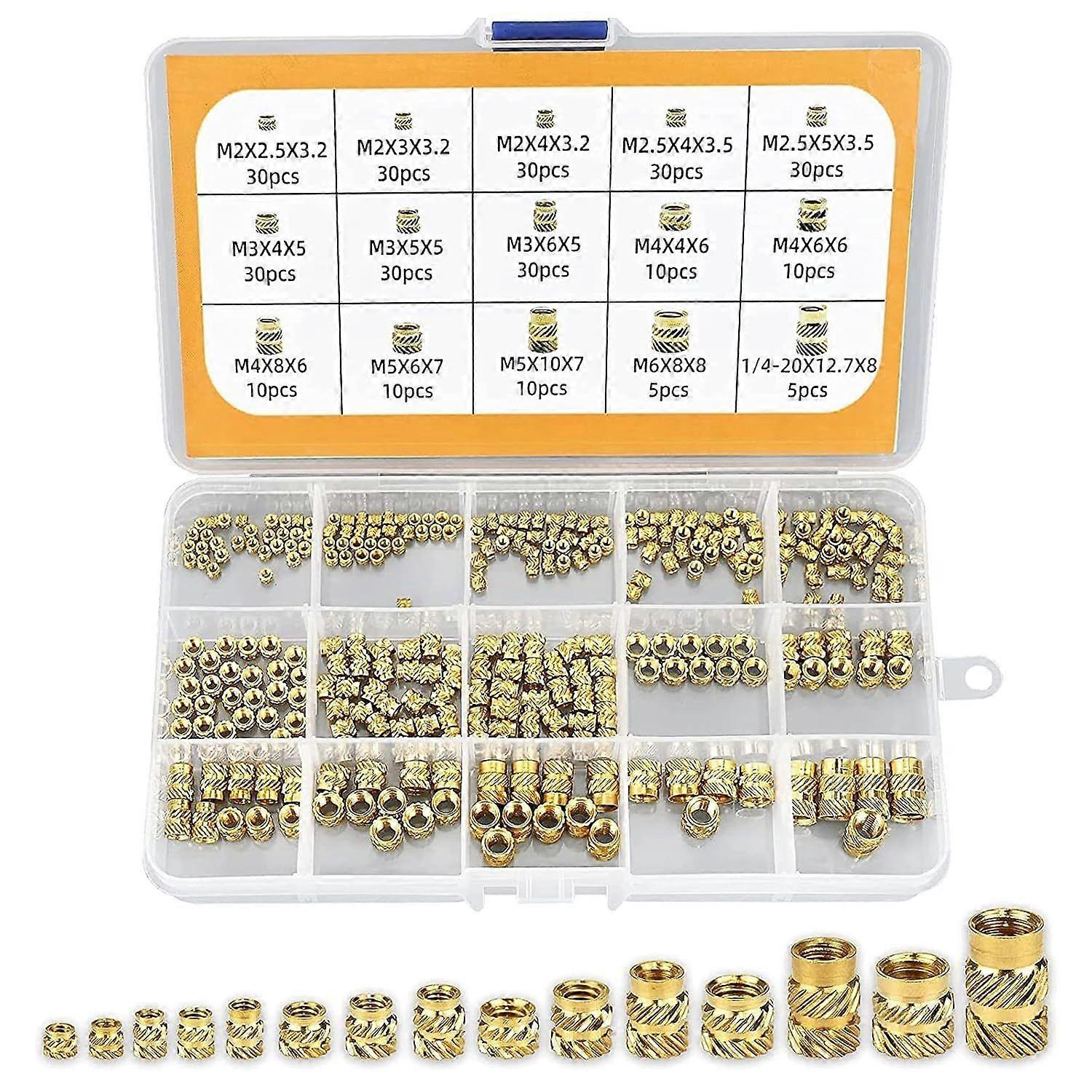 300 Pieces Threaded Inserts, Threaded Nuts M2/M2.5/M3/M4/M5/M6, Female Brass Threaded Inserts with Internal Thread, Knurled Brass Threaded Inserts fo