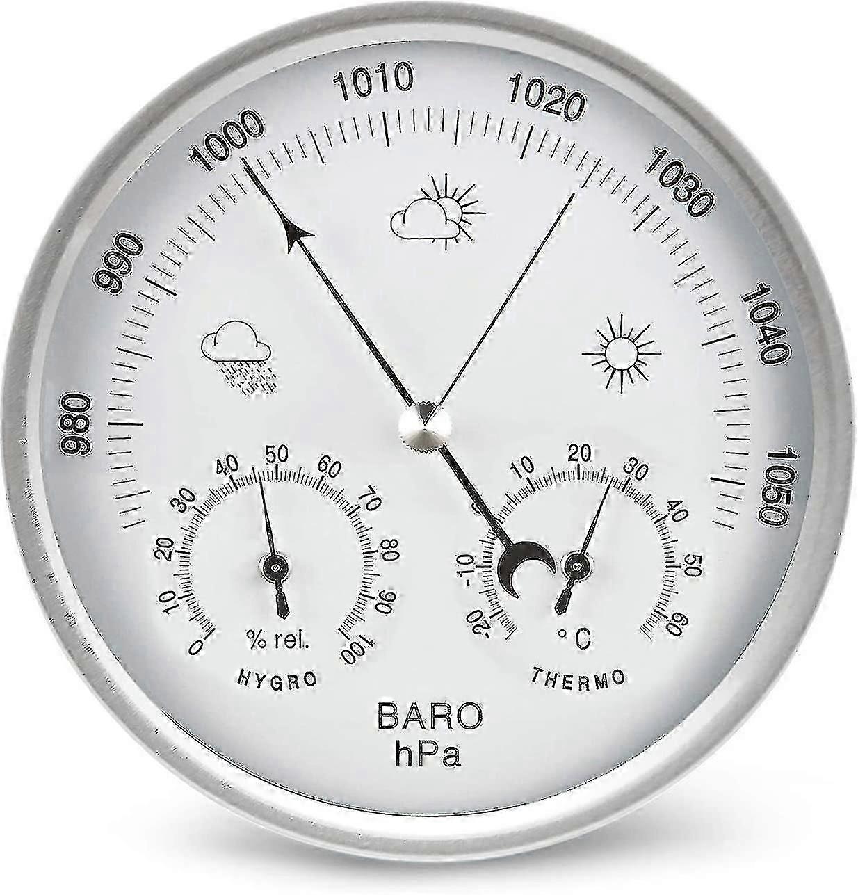 Barometer med urtavla och termometer, hygrometer och väderstation.