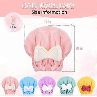 Microfiber Hair Drying Caps, 5-Pack Extra Soft Absorbent Fast-Drying Hair Turban Wraps, Shower Caps for Women and Girls with Cute Bow Design