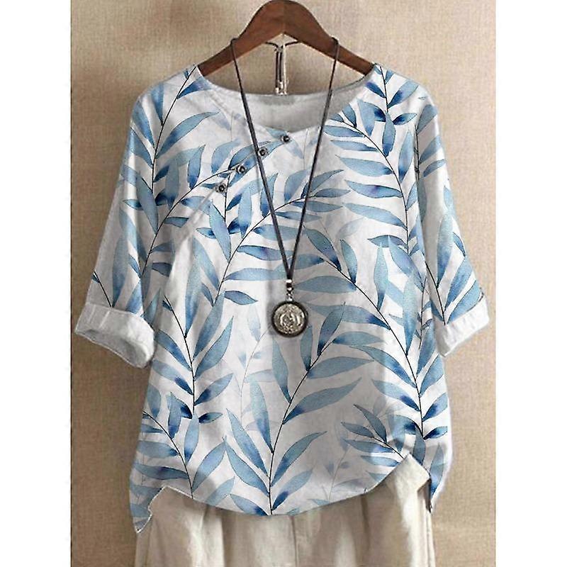 Women's Blue Leaf Print Blouse With Diagonal Button Placket