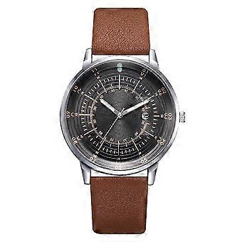 Fasjonabel Business Round Dial PU Lær Stropp Menn Kalender Kvarts Klokke (Brun + Sølv + Gul)
