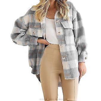 Abrigo de lana de invierno Chaqueta casual de franela a cuadros Chaqueta de otoño de manga larga con botones de gran tamaño Ja