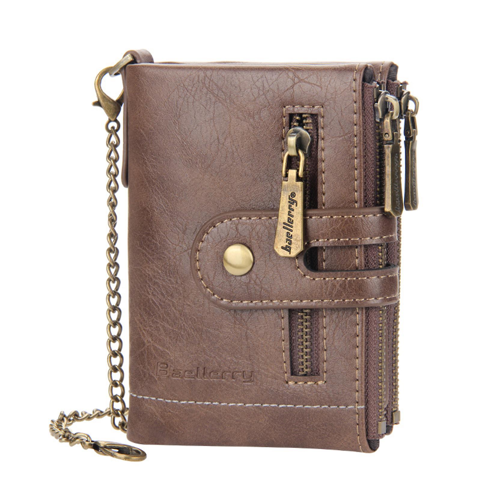 Bifold Leather Wallets With Chain Blocking Double Zipper Coin Pocket