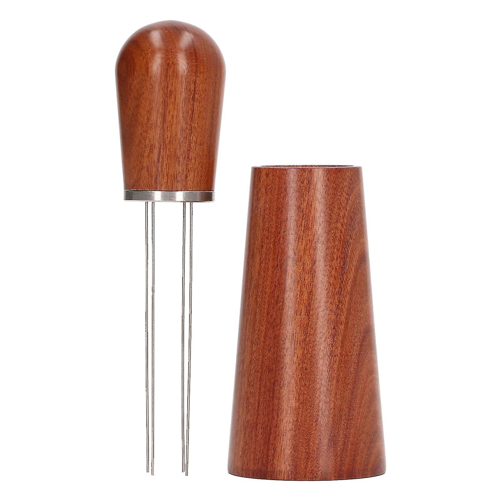 Coffee Powder Stirrer 4 Arc Pins Wooden Handle Coffee Needle Type Distributor Tool with Base for Home Red Brown