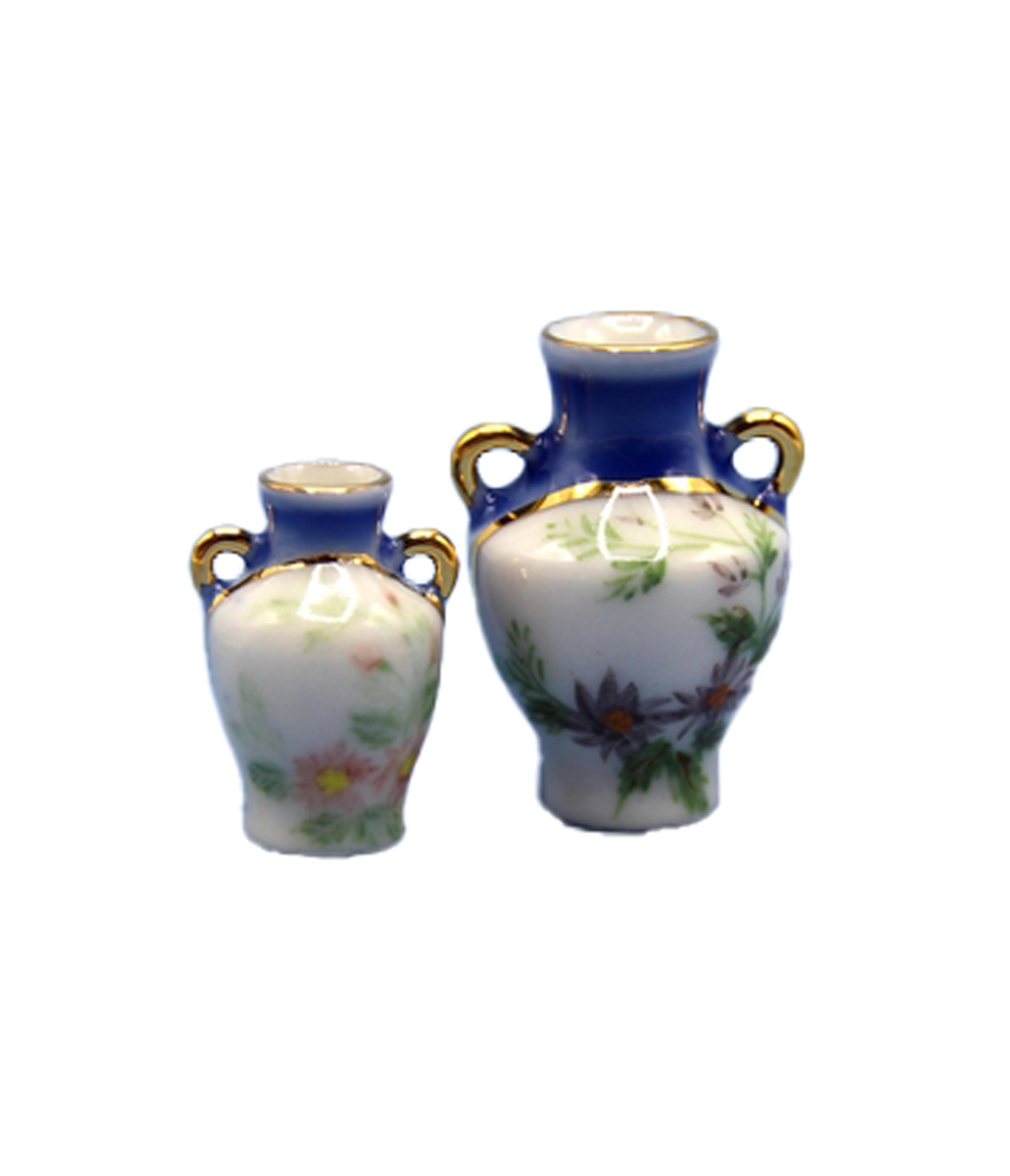 玩偶房子2蓝色花卉彩绘花瓶微型装饰品配件1:12比例
