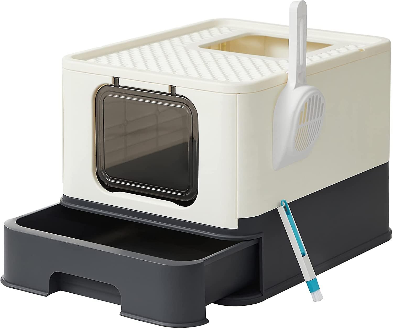 Easy-Clean cat litter box with pull-out compartment and tools