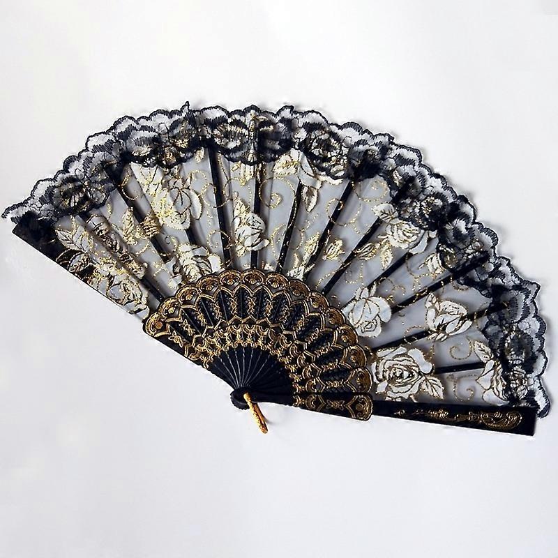 Lace Flowers Design Plastic Folding Hand Held Fan (Black)