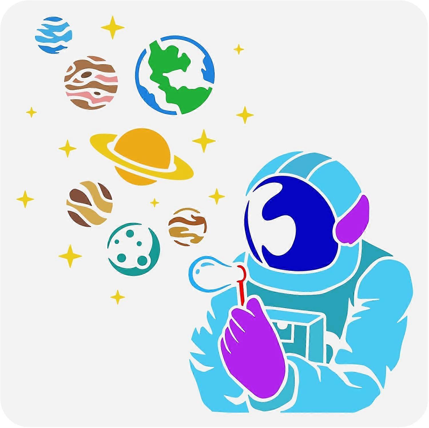 Astronaut Making Planet Soap Balloons Stencil 11.8x11.8inch Spaceman Blow Bubbles Stencil Earth Stencil Planet Bubbles Template DIY Craft for Painting