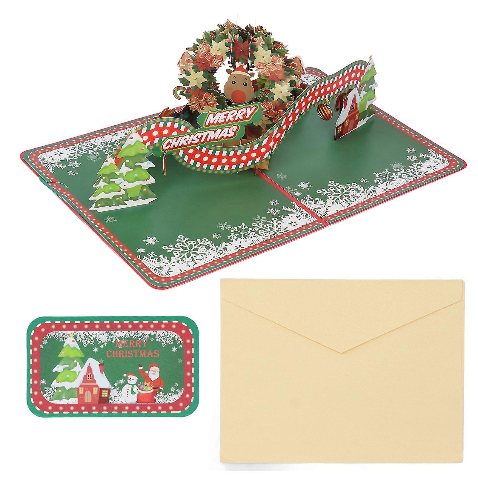 3D Christmas Greeting Card Christmas Wreath Shape Hand Carved Paper Blessing Message Card with Envelope