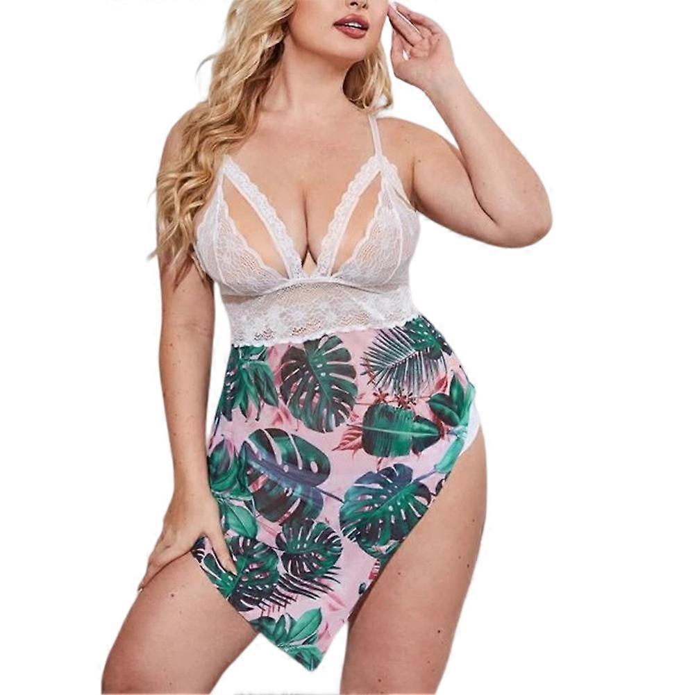 时尚白色蕾丝叶子印花系带睡裙时尚透气修身内衣适合生日礼物