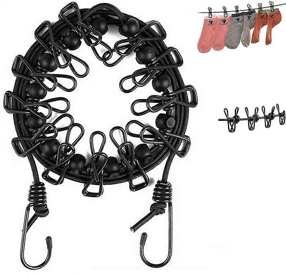Portable Clothesline, Elastic Adjustable Windproof Clothesline with 12 Wire Clips