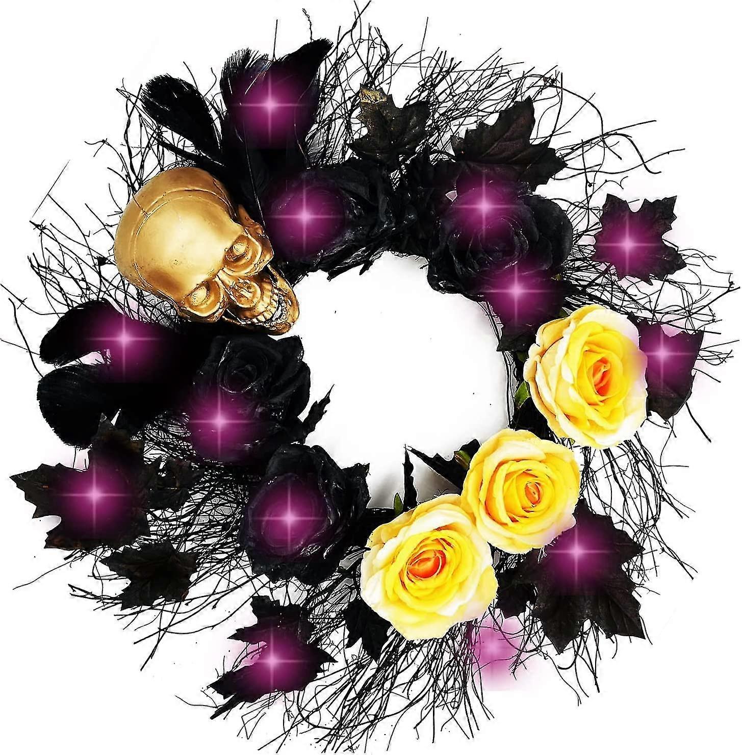 Halloween Skull Wreath, Front Door Halloween Decorations Rose Skull Wreath, 18" Lighted Black Decorative With Lamp