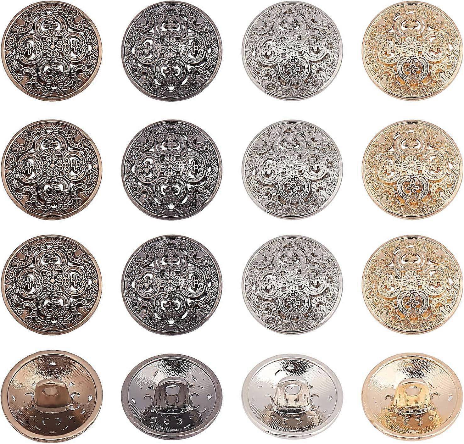 40pcs Metal Blazer Button Set 15mm Vintage Shank Buttons Round Shaped Flower Metal Button with 1 Hole for Blazer Suits Coat Uniform and Jacket - 4 Col