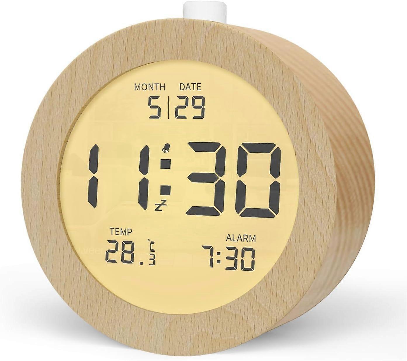 Digital Alarm Clock, Wood Alarm Clocks Bedside with LCD Display, Snooze Function, Night Light, Round