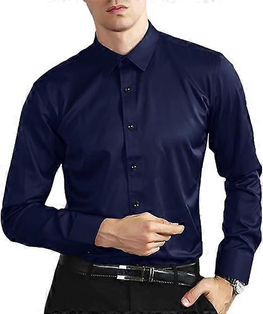 Mens Casual Shirts Long Sleeve Stretch Regular Fit Button Down Shirt Four-Sided Elastic Navy blue