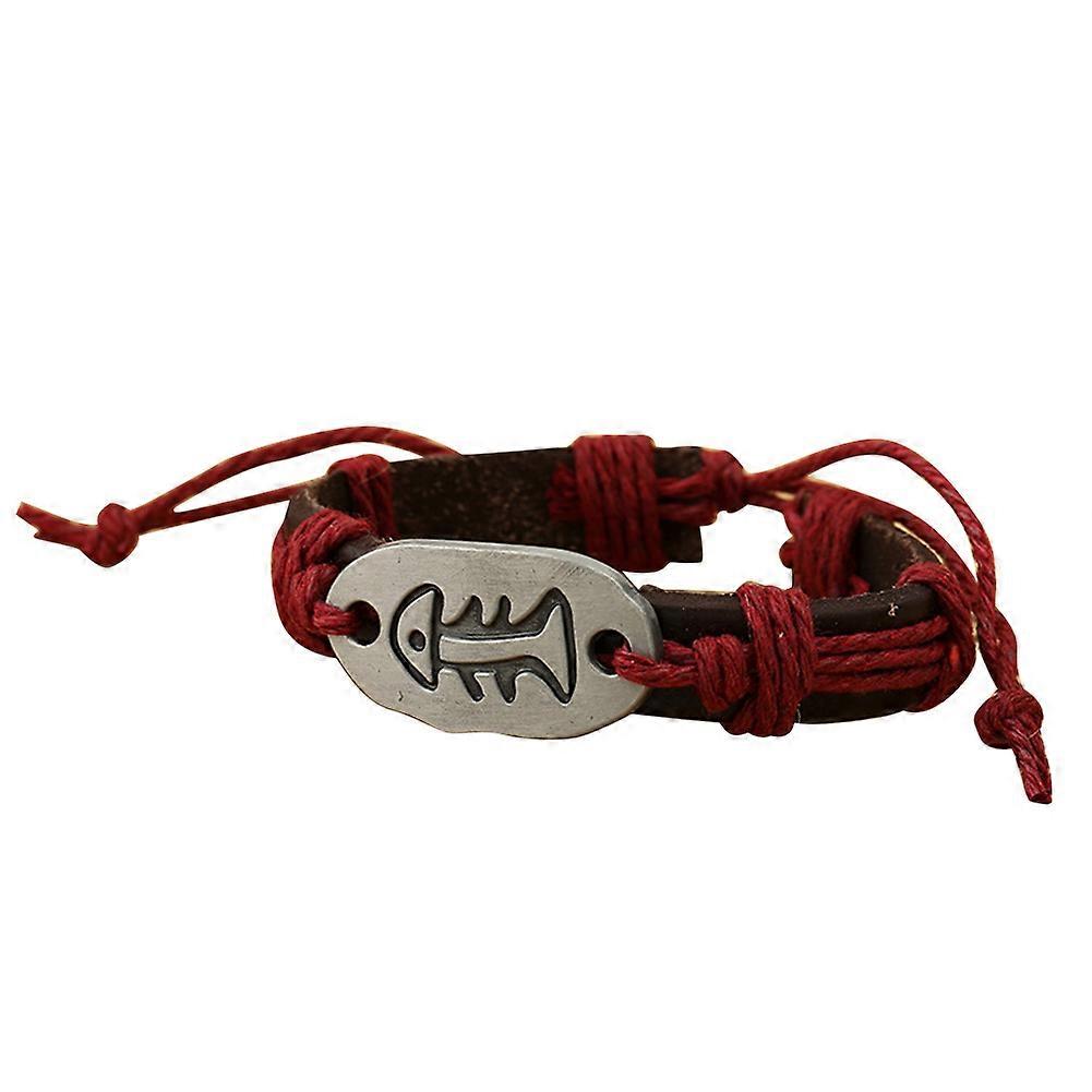 Retro Unisex Cowhide Alloy Fish Bone Carving Wrist Band Bracelet Jewelry Accessory(Dark Red)
