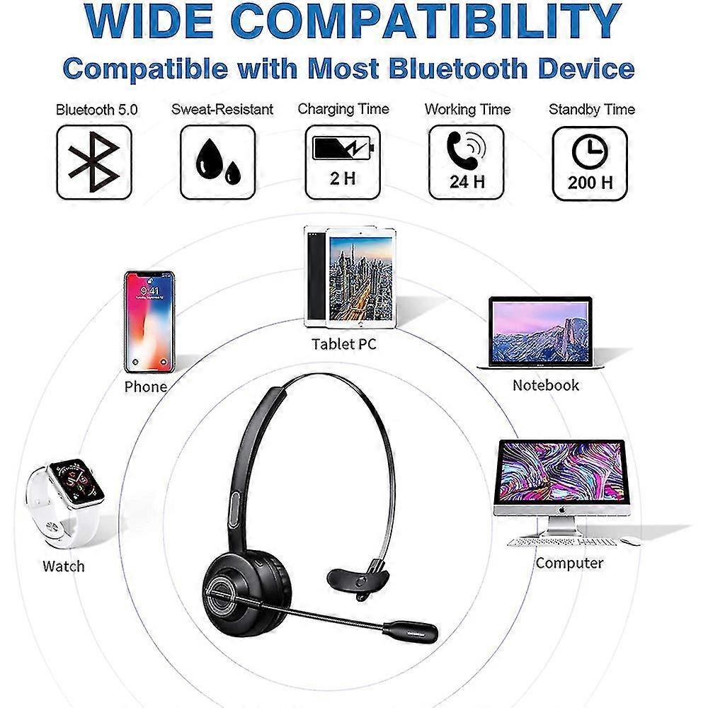 Bluetooth Headset, V5.0 Business Wireless Headset With Boom Mic